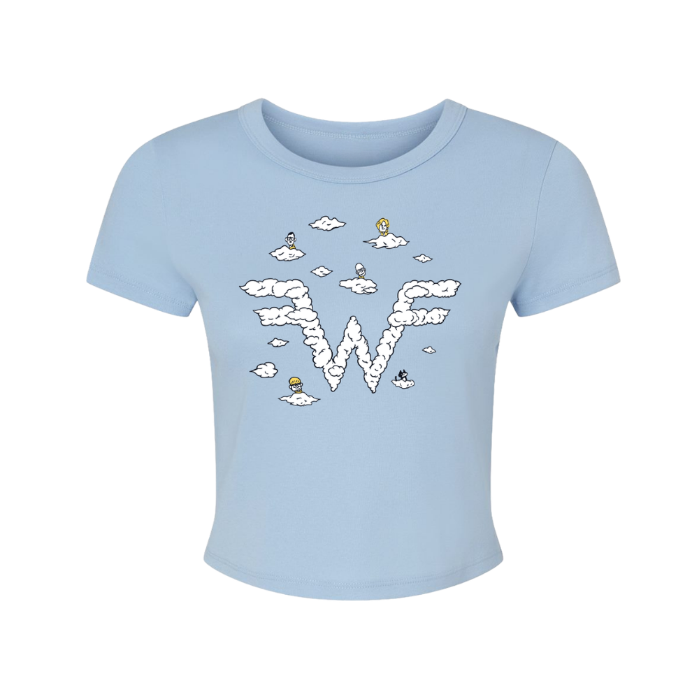 Light blue cotton cloud hoppin crop tee with whimsical white cloud w design and cartoon characters floating