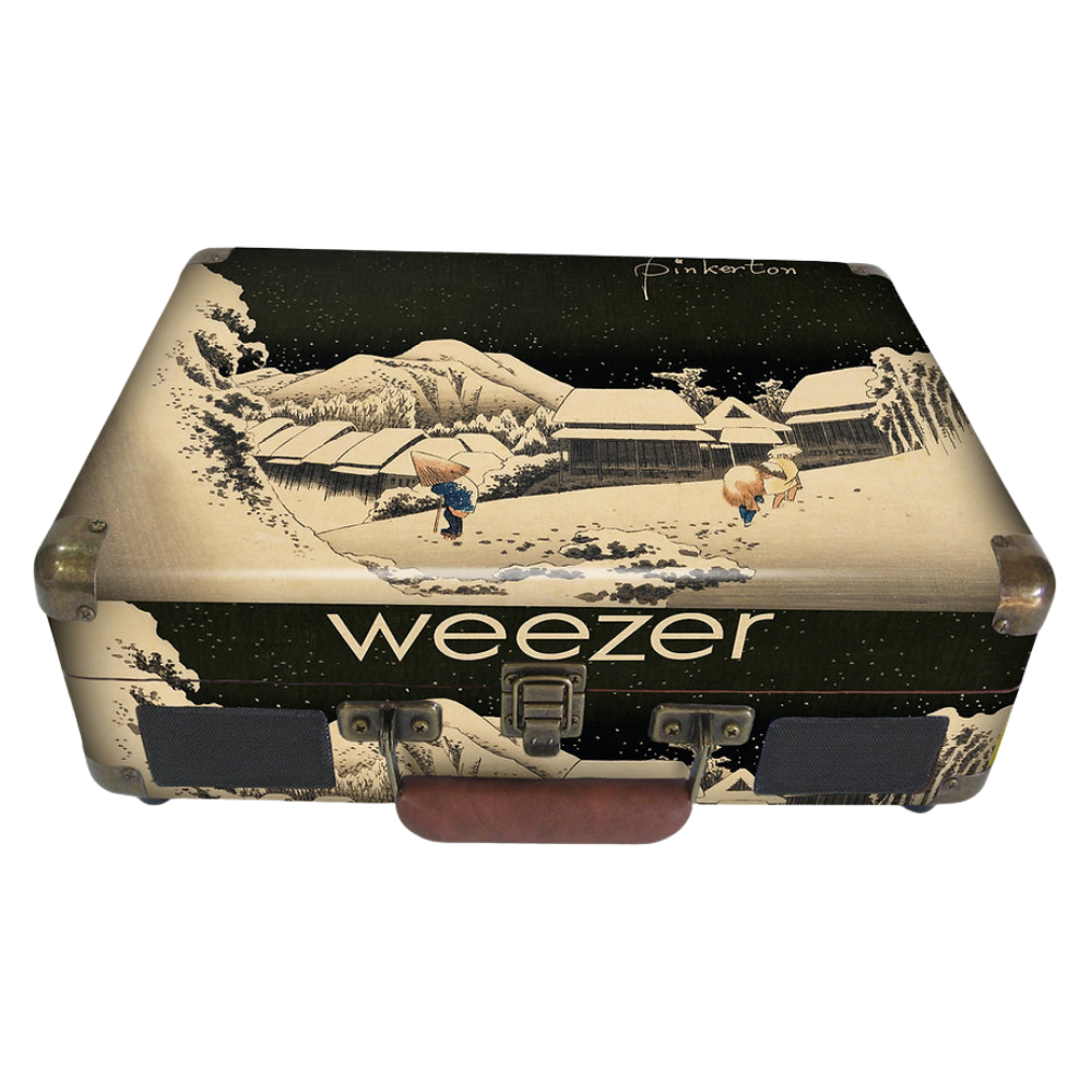 Limited edition black and cream suitcase with snowscape illustration and weezer for weezer 30th anniversary pinkerton decoupage
