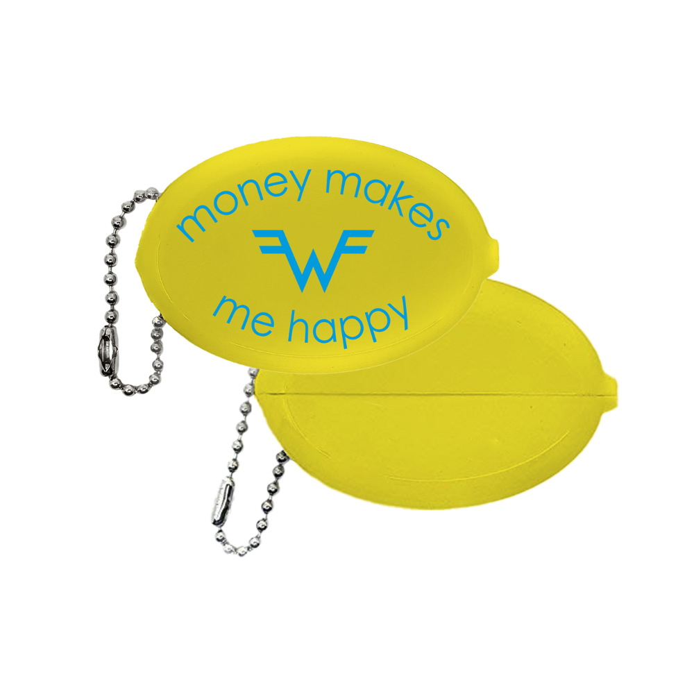 Bright yellow oval coin purse with a silver chain and blue money makes me happy text featuring the weezer logo