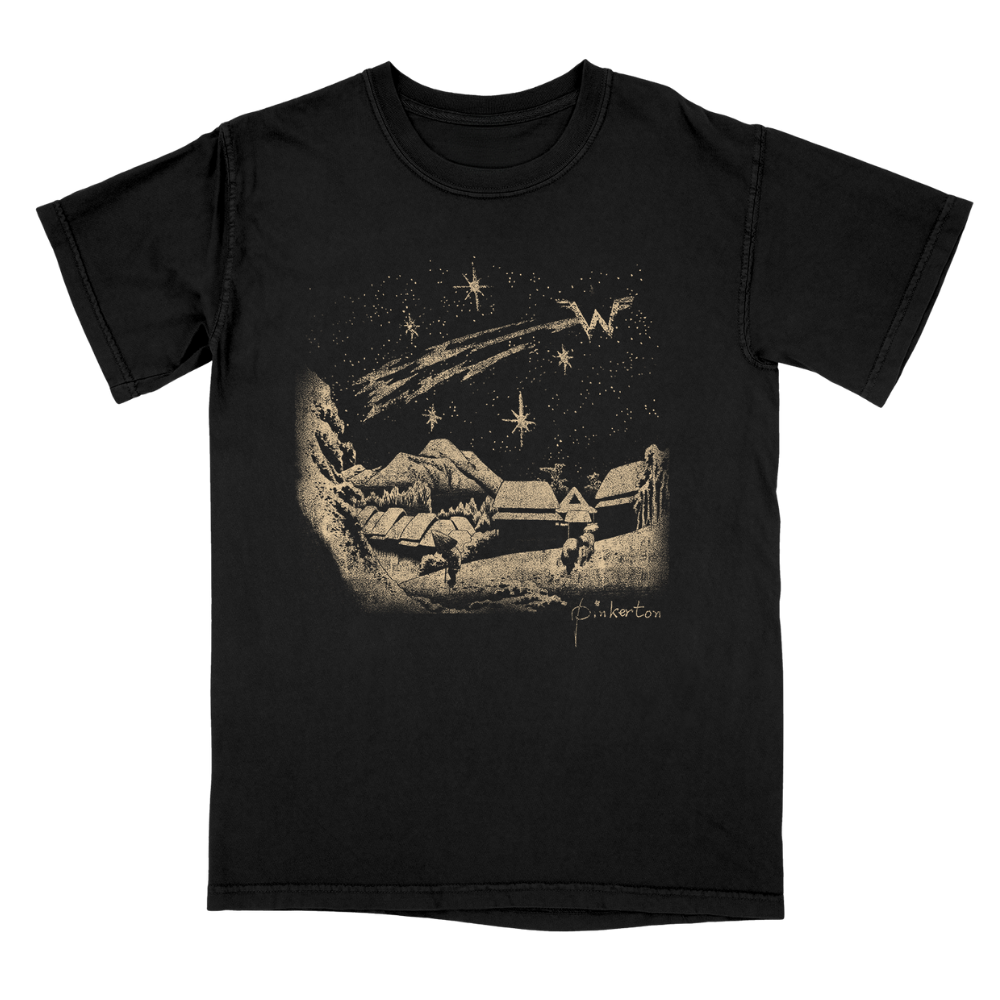 Black short-sleeved cotton pinkerton starry night tee with sepia village graphic and comet signed pinkerton