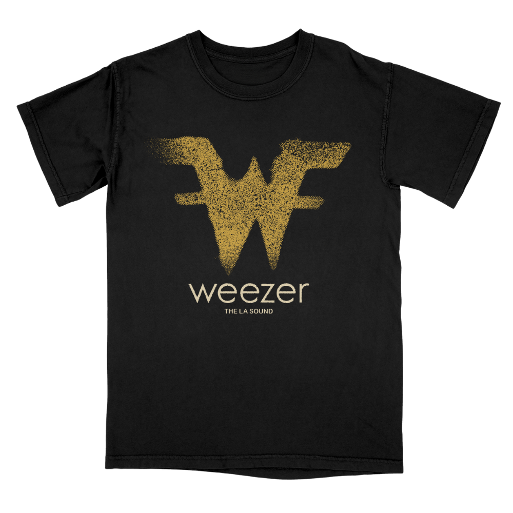 Black short-sleeved sound tee with textured gold W logo and white weezer and the la sound text from Weezer official store