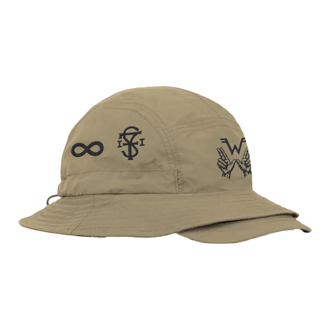 Beige four symbols bucket brim hat with black embroidered logos on the front and side uniform wzr.h01