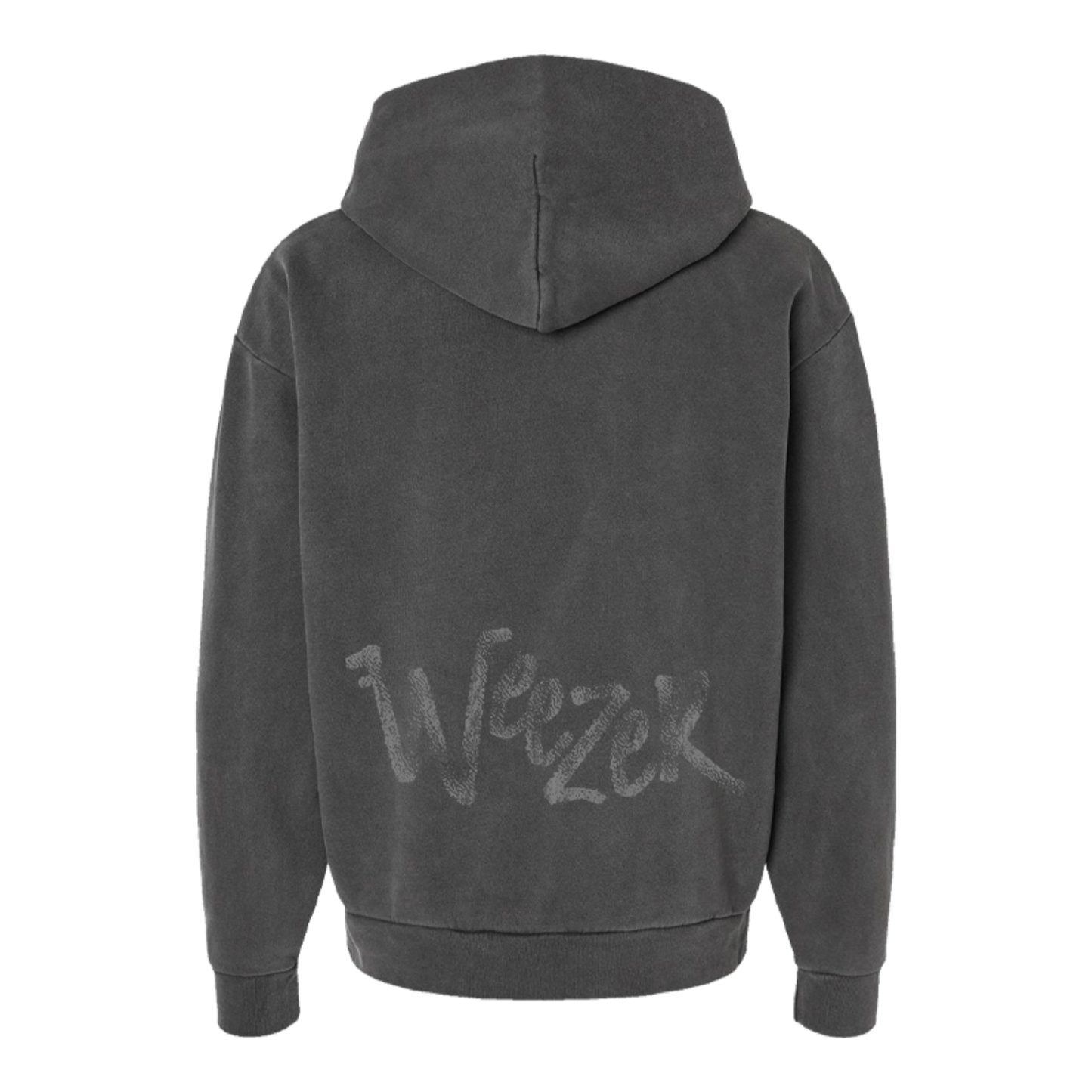 Back of dark gray cotton solar observation hoodie with faded distressed weezer logo in stylized script