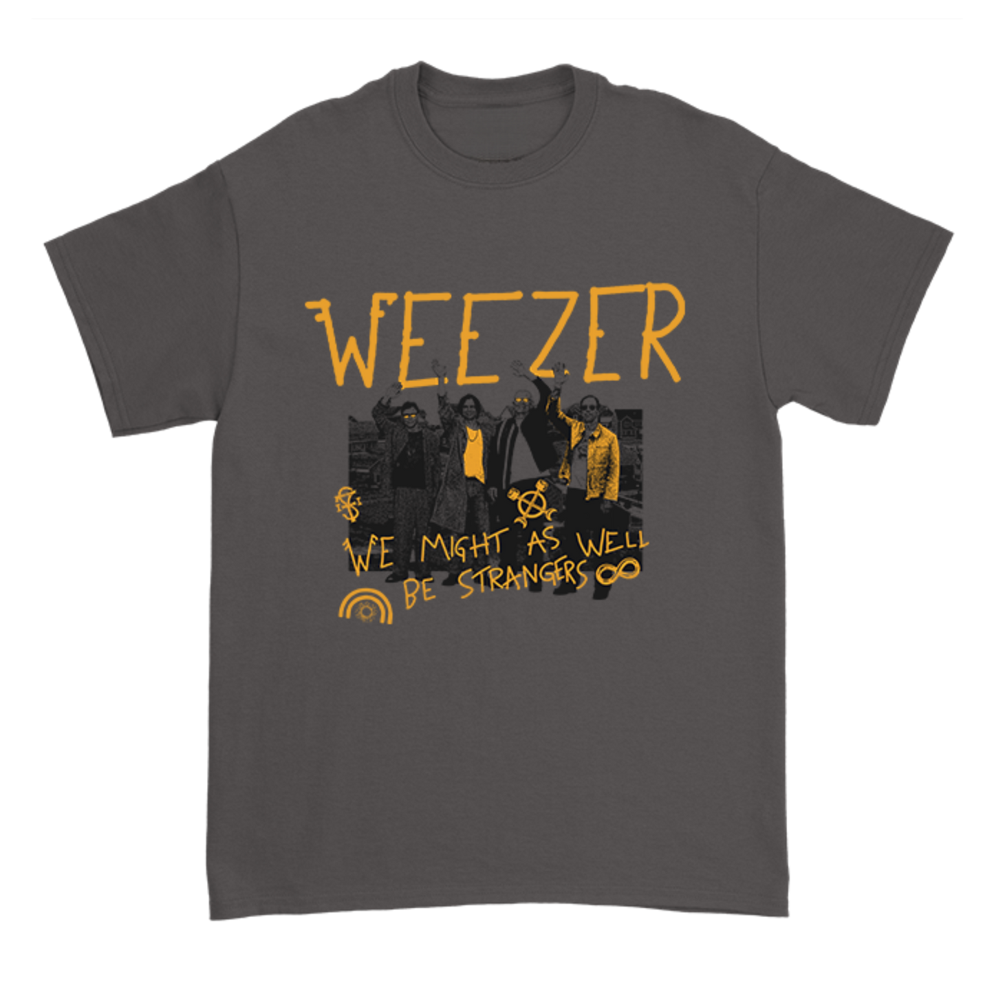 Gray classic fit strangers shirt featuring yellow weezer graphic and album title as a pre-sale item