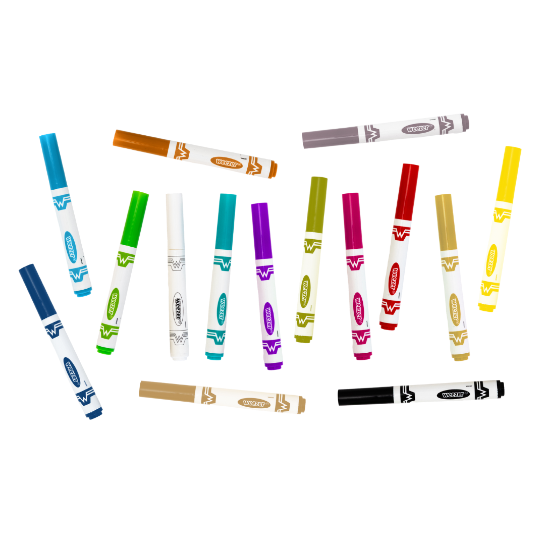 A set of colorful wonder markers with white barrels and vibrant caps in assorted hues like blue, green, purple, red, yellow, orange, brown, gray, pink, teal, and black.