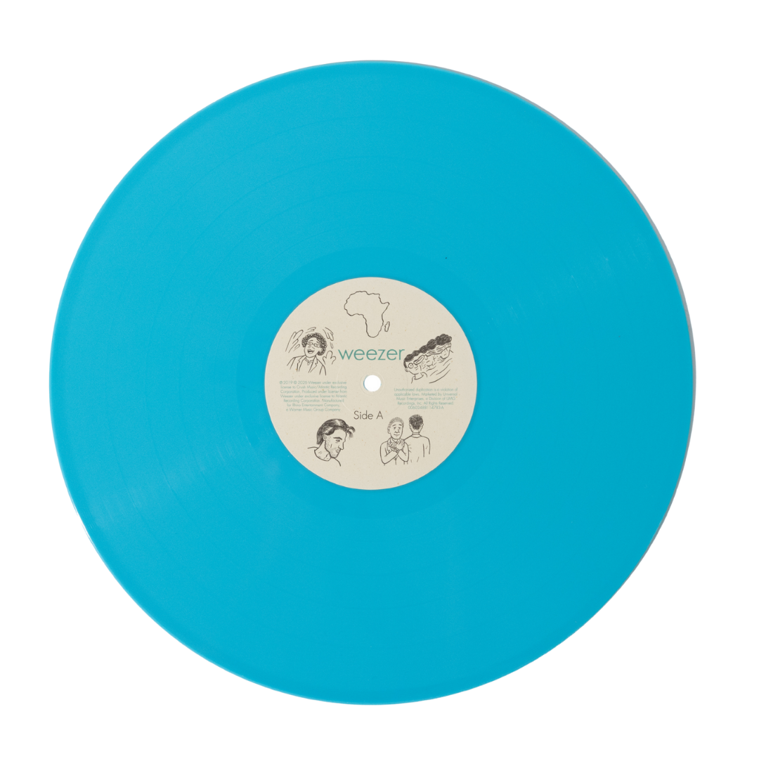 A vibrant turquoise vinyl record with a white center label featuring the band name ’weezer’ and illustrations of faces.