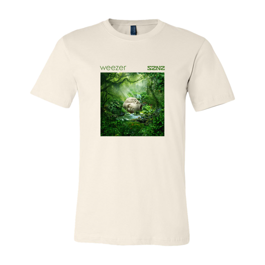 Cream-colored t-shirt featuring a Weezer album cover image of a lush green forest scene.