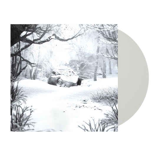 Snow-covered winter forest scene with bare trees and a rock formation.