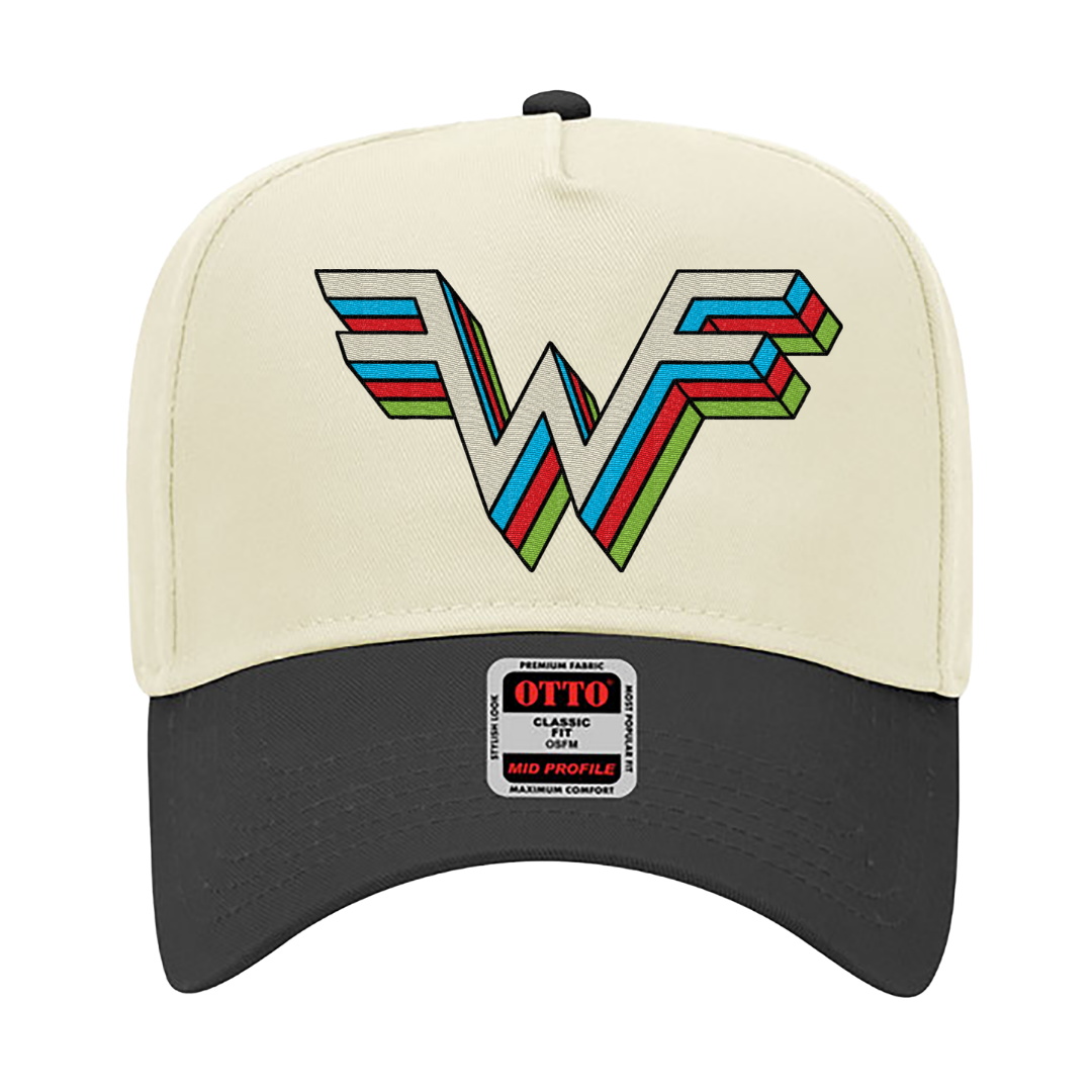 Cream-colored baseball cap with a bold, multi-layered ’w’ logo in blue, red, and green stripes.