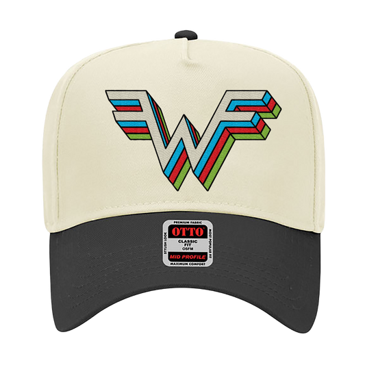 Cream-colored baseball cap with a bold, multi-layered ’w’ logo in blue, red, and green stripes.