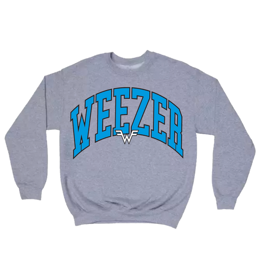Gray heather sweatshirt featuring bold blue arched ’weezer’ lettering with a white logo underneath.
