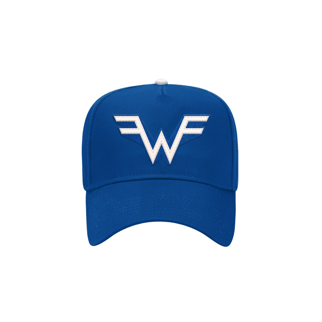 Blue baseball cap with a white embroidered ’wf’ logo.
