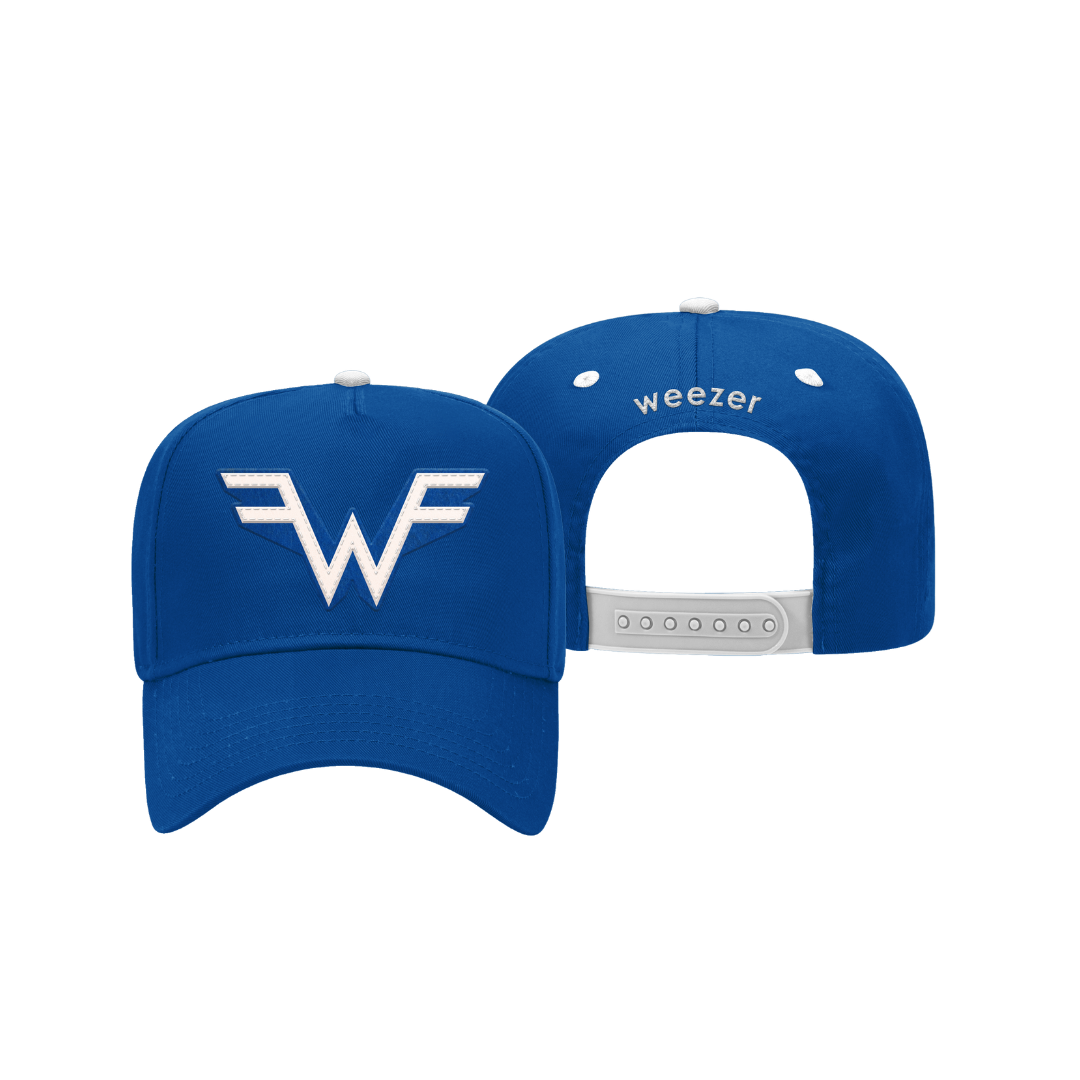 Royal blue baseball cap featuring a white stylized ’wf’ logo on the front and ’weezer’ embroidered in white along the back strap.