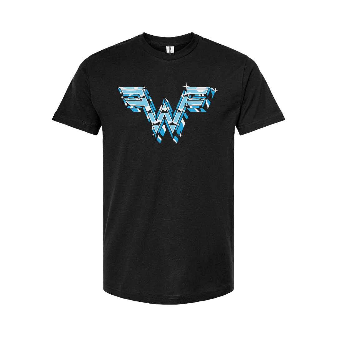 Black short-sleeved chrome logo t-shirt with stylized blue and white wonder woman design from weezer official store