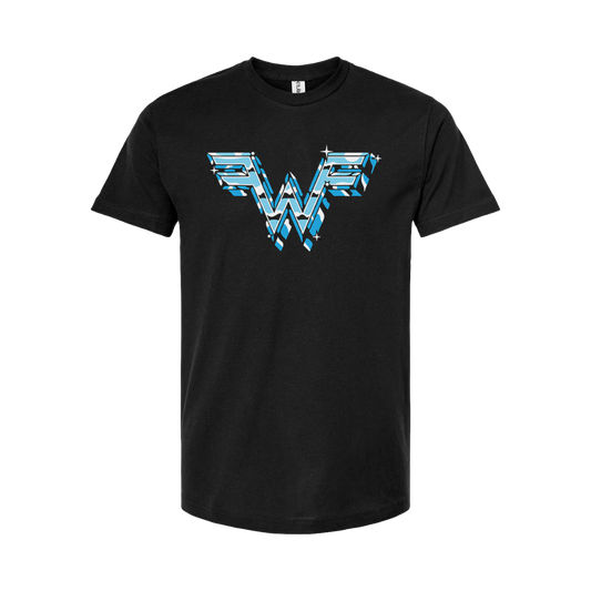 Black short-sleeved chrome logo t-shirt with stylized blue and white wonder woman design from weezer official store
