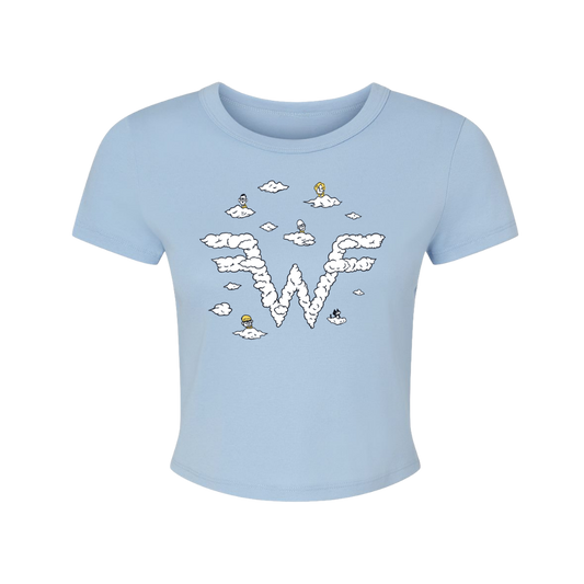 Light blue cotton cloud hoppin crop tee with whimsical white cloud w design and cartoon characters floating