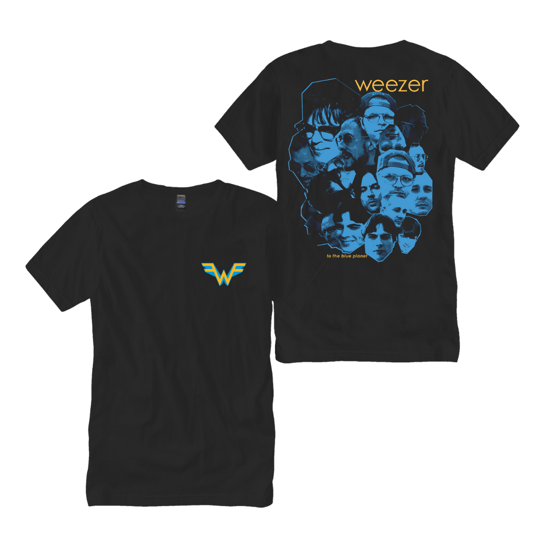 Black cotton t-shirt featuring a blue-toned collage of band members on the back and a yellow and teal wonder woman logo on the front.