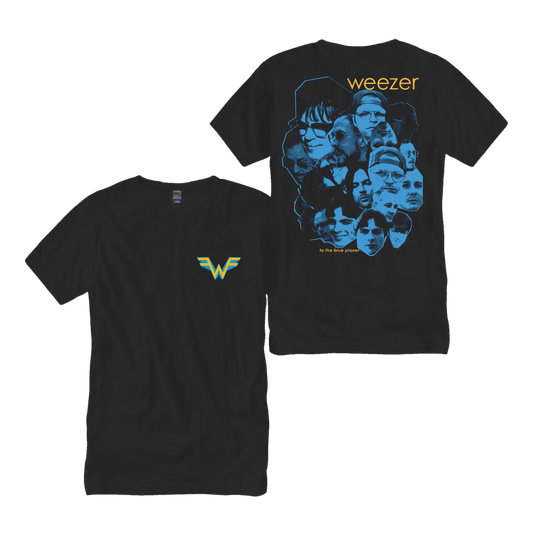 Black cotton t-shirt featuring a blue-toned collage of band members on the back and a yellow and teal wonder woman logo on the front.