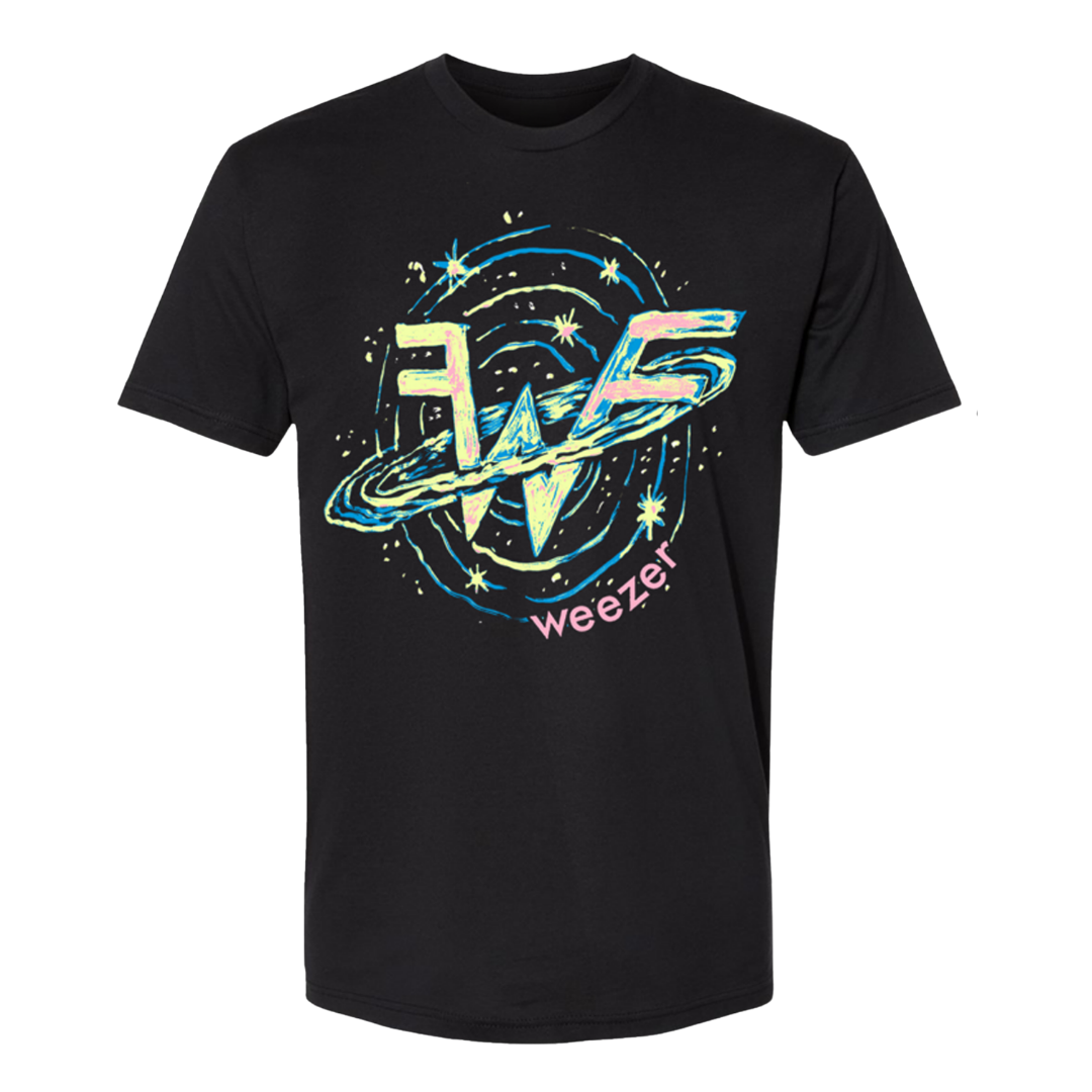 Black short-sleeved t-shirt featuring a vibrant, cosmic-themed graphic with the band weezer’s logo in stylized lettering surrounded by swirling blue and teal patterns and stars.