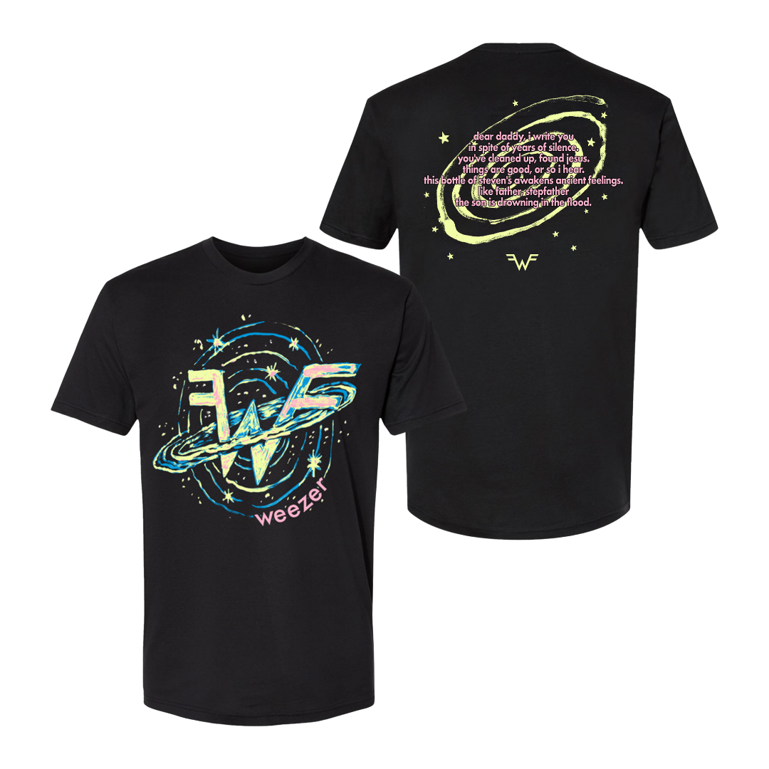 Black short-sleeved t-shirt featuring a cosmic design with the band weezer’s logo and lyrics printed in glowing neon blue, yellow, and pink hues.