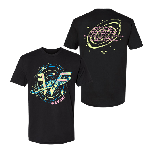 Black short-sleeved t-shirt featuring a cosmic design with the band weezer’s logo and lyrics printed in glowing neon blue, yellow, and pink hues.