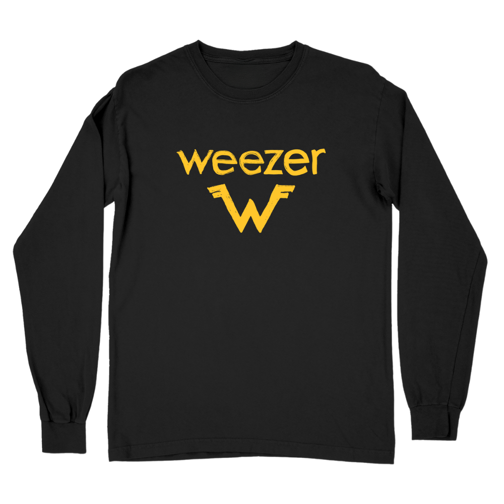 Black long sleeve tee featuring a yellow weezer logo and stylized w emblem titled don t make it weird long sleeve