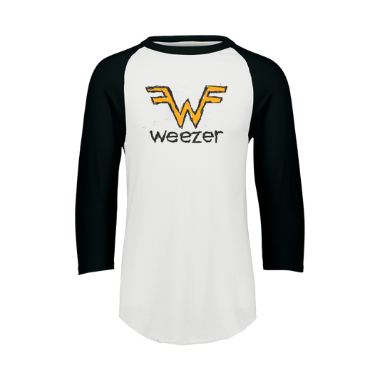 White and black three quarter sleeve baseball t-shirt with yellow wf logo and weezer print from weezer official store