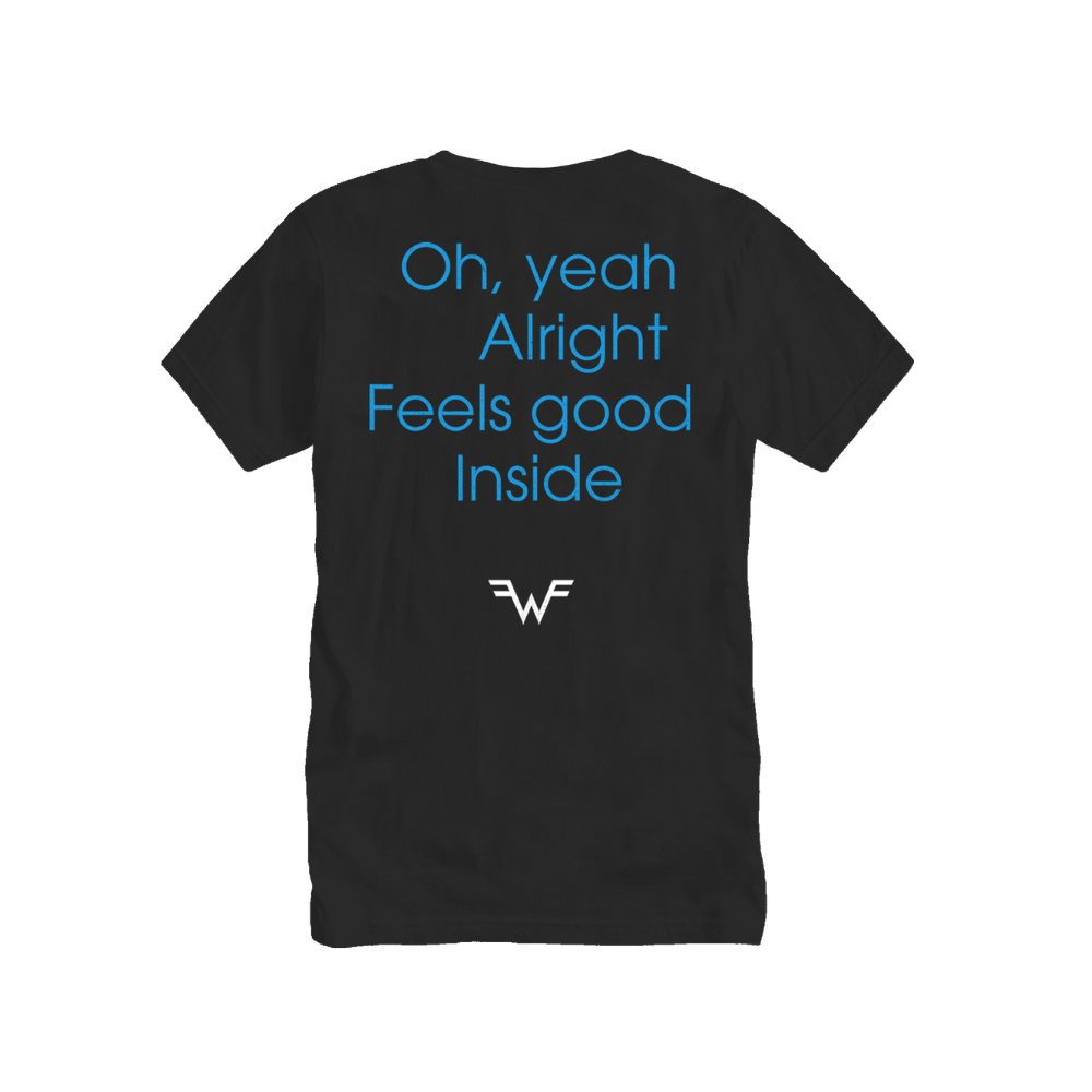 Black short-sleeved t-shirt with blue text reading ’oh, yeah alright feels good inside’ and a white stylized logo below.