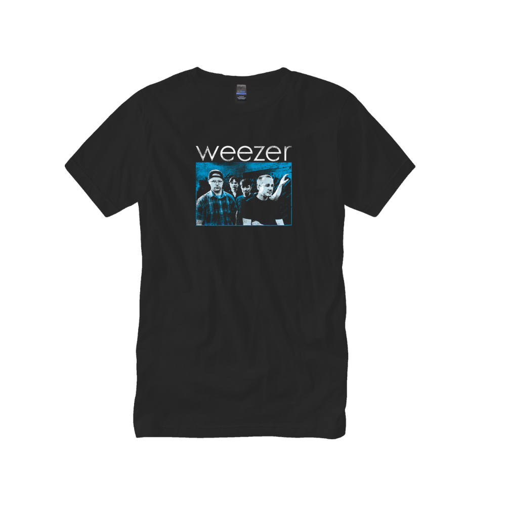 Black short-sleeved t-shirt featuring a blue-toned graphic of the band weezer with their name printed above it.