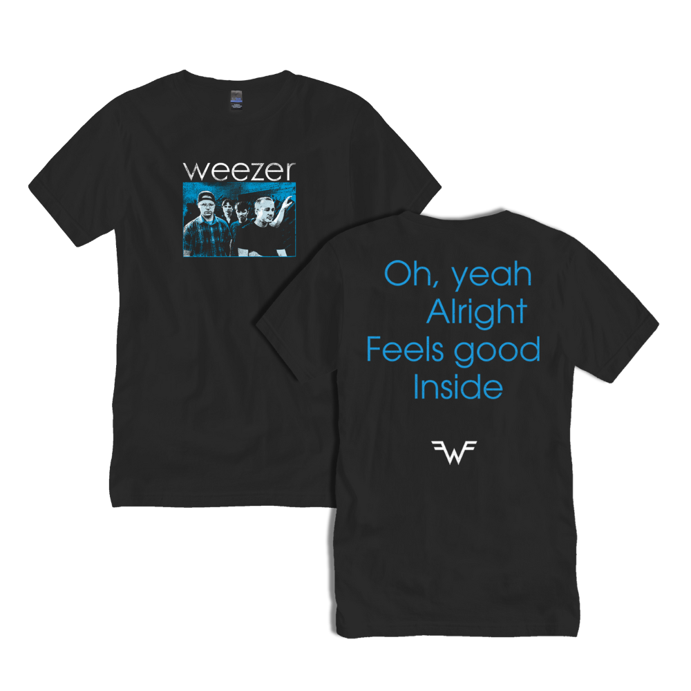 Black cotton t-shirt featuring a blue-tinted band photo and text on the front, with ’oh, yeah alright feels good inside’ in light blue lettering and a white logo on the back.
