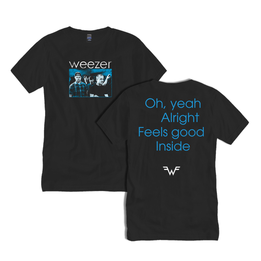 Black cotton t-shirt featuring a blue-tinted band photo and text on the front, with ’oh, yeah alright feels good inside’ in light blue lettering and a white logo on the back.