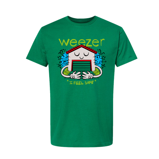 Green short-sleeved t-shirt featuring a cartoon house with closed eyes and musical notes, printed in yellow, red, blue, and green.