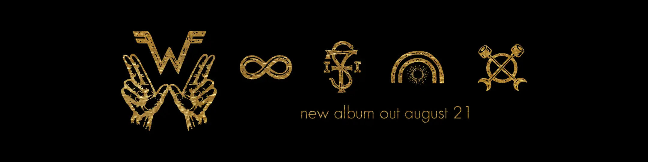 Golden metallic logos on a black background.