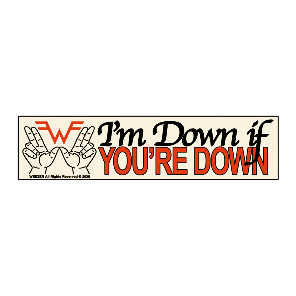 Cream-colored bumper sticker with black and orange text and wf logo featuring peace sign hands from weezer merchandise