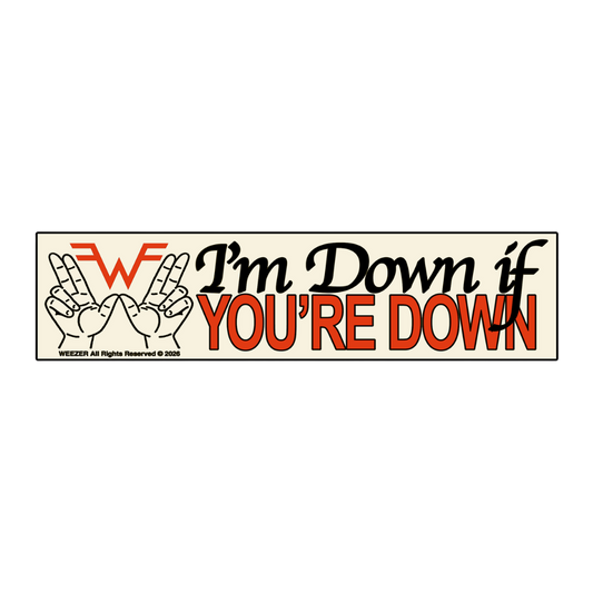 Cream-colored bumper sticker with black and orange text and wf logo featuring peace sign hands from weezer merchandise