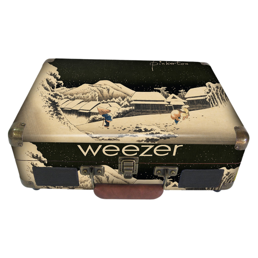 Limited edition black and cream suitcase with snowscape illustration and weezer for weezer 30th anniversary pinkerton decoupage