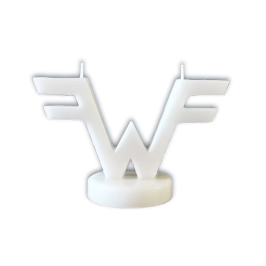 White plastic ’wf’ logo candle holder with a sleek, modern design and two wicks.