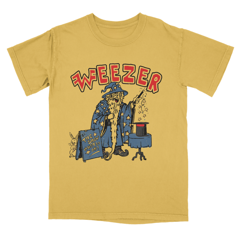 Yellow short-sleeved cotton t-shirt with cartoon wizard and red weezer lettering from weezer official store merchandise