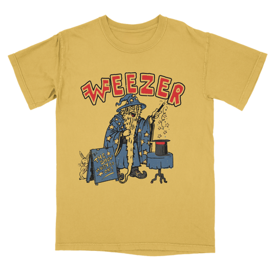 Yellow short-sleeved cotton t-shirt with cartoon wizard and red weezer lettering from weezer official store merchandise