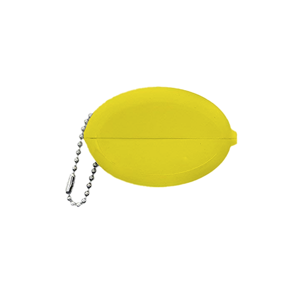 Bright yellow oval silicone coin purse with silver chain attachment from money makes me happy Weezer merchandise