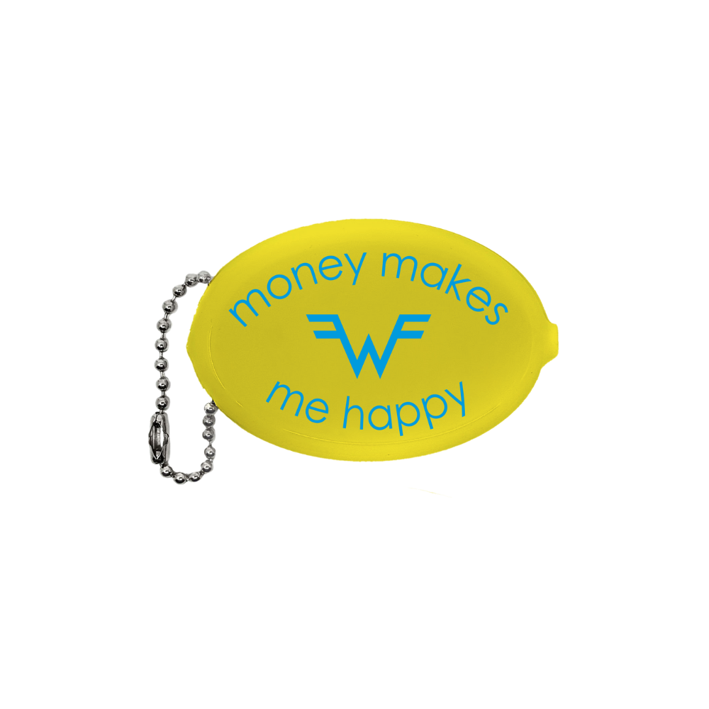 Bright yellow lemon-shaped coin purse with silver chain and teal money makes me happy text for weezer merchandise