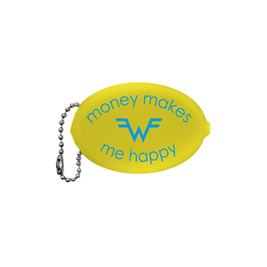 Bright yellow lemon-shaped coin purse with silver chain and teal money makes me happy text for weezer merchandise