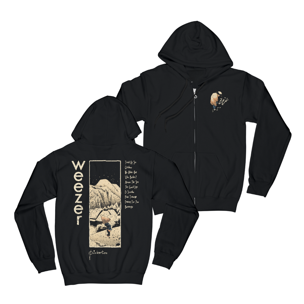 Back of black pinkerton mountain zip hoodie with vintage weezer graphic and mountain illustration on soft fabric