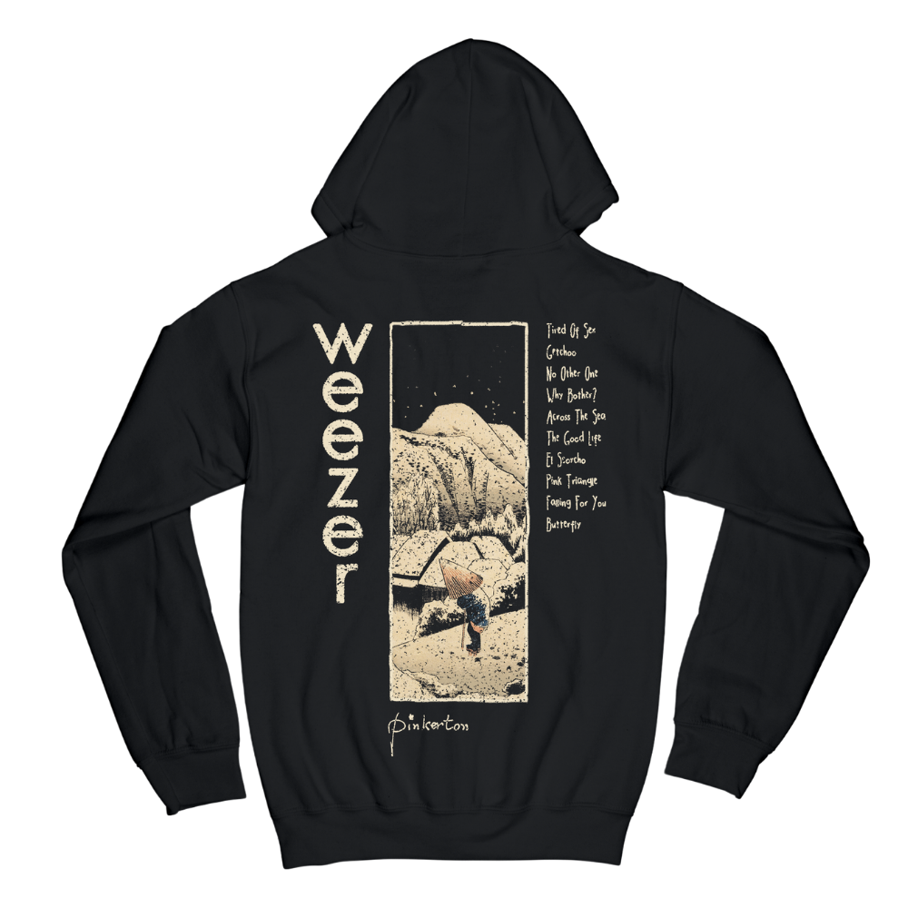 Black pinkerton mountain zip hoodie with vertical weezer text and graphic of figure walking toward mountains and song titles