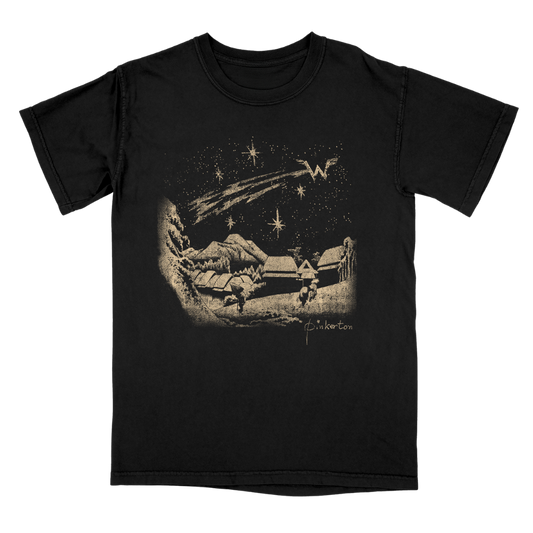 Black short-sleeved cotton pinkerton starry night tee with sepia village graphic and comet signed pinkerton