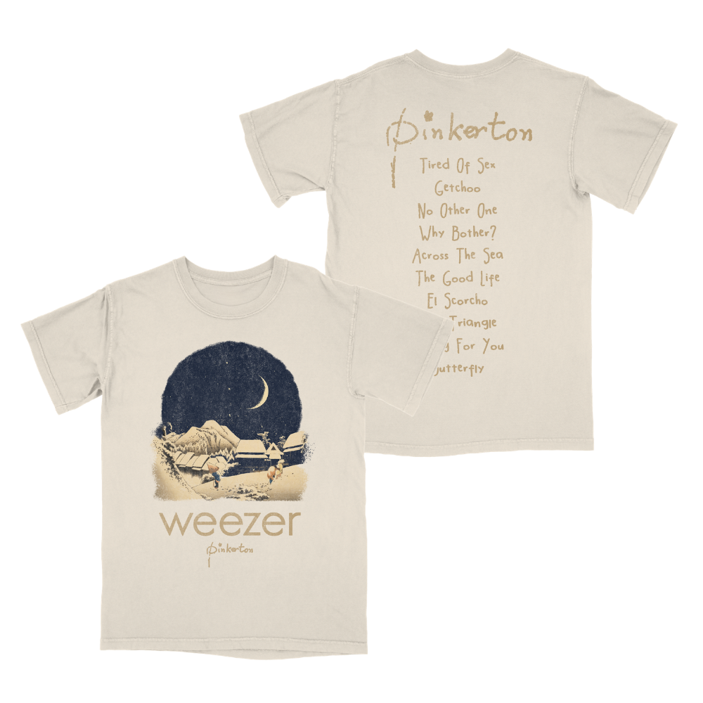 Cream cotton t-shirt featuring vintage crescent moon graphic and weezer Pinkerton song titles on back pinkerton starry tee