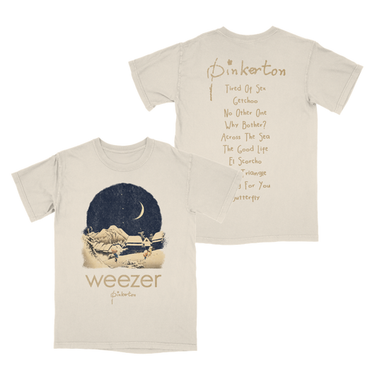 Cream cotton t-shirt featuring vintage crescent moon graphic and weezer Pinkerton song titles on back pinkerton starry tee