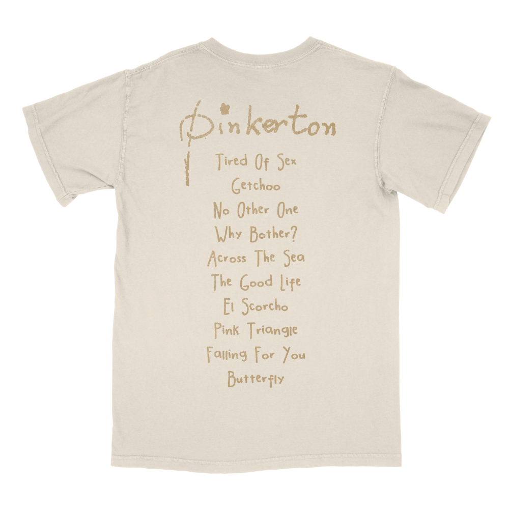 Cream-colored cotton pinkerton starry tee featuring a gold-inked handwritten album title and tracklist print