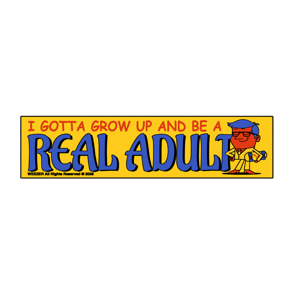 Yellow rectangular adult bumper sticker with bold blue and orange text and cartoon character for real adult bumper use
