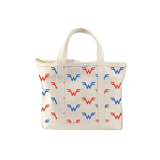 Canvas tote bag with repeating red and blue ’WF’ logo pattern.